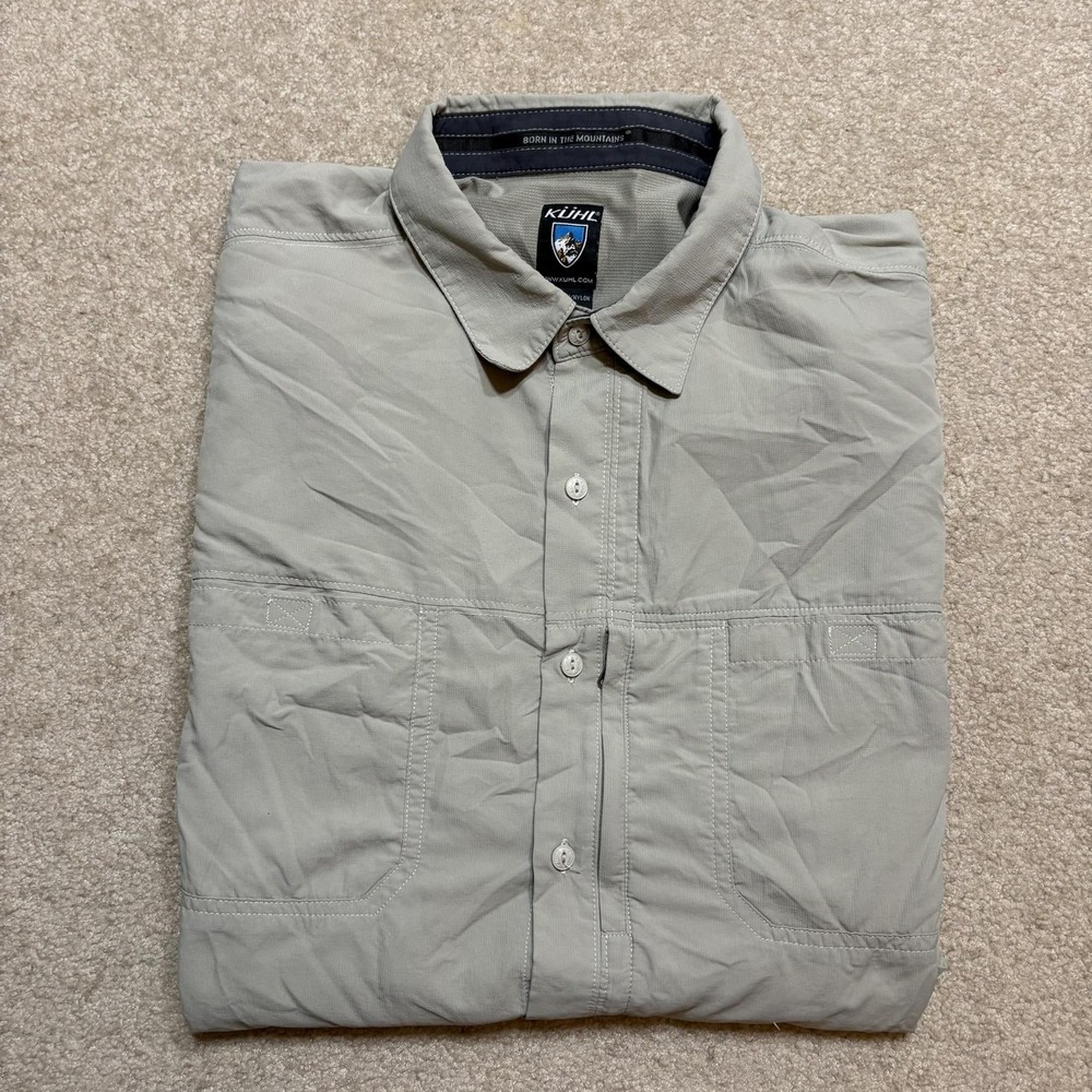 Kuhl Shirt Mens 2XL Beige Nylon Button Up Long Sleeve Outdoor Hiking Fishing